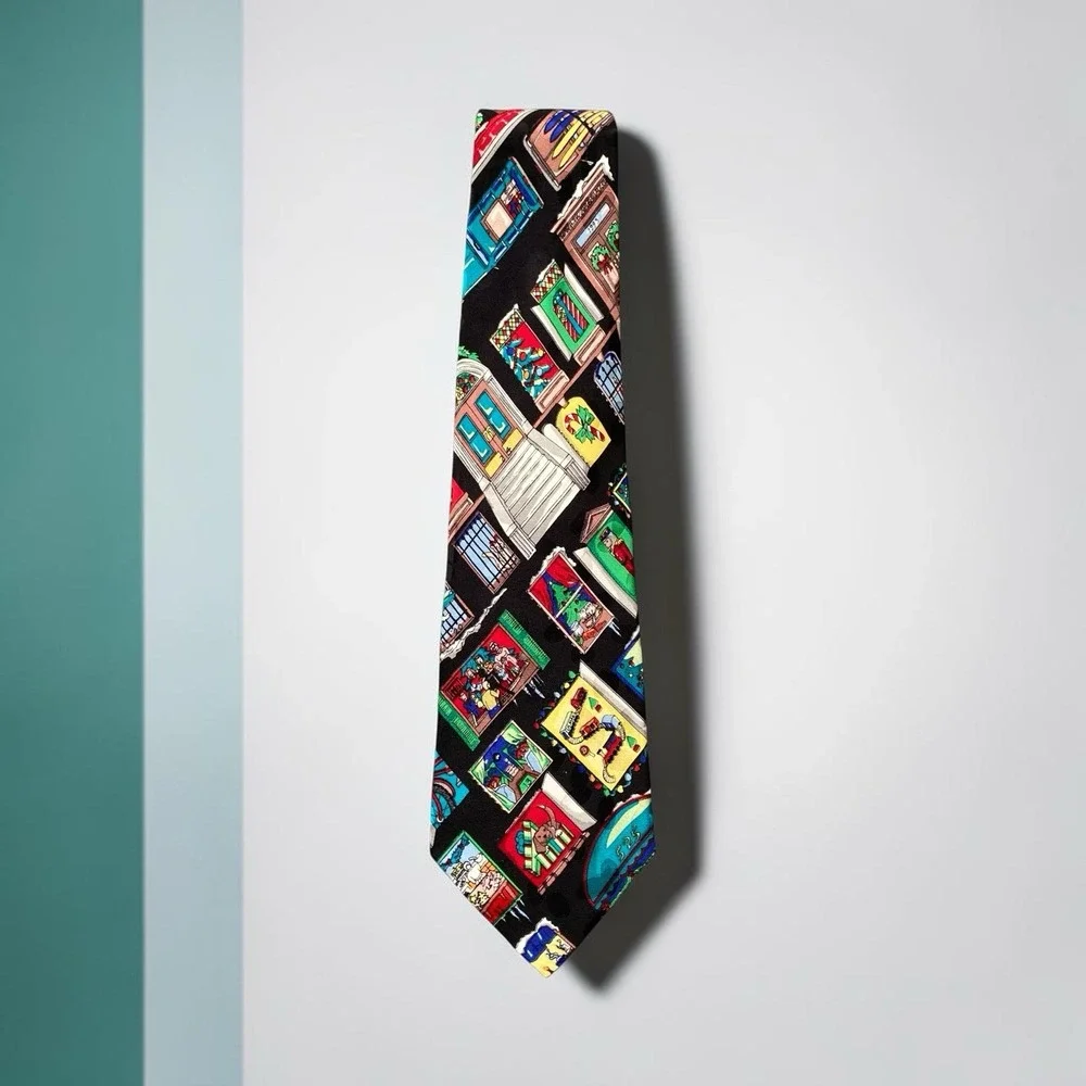 Nicole Miller Vintage 90s Silk Neck Tie Christmas Windows Holiday 1993